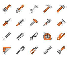 Obraz premium Construction Tools Flat Line Icons Featuring Hammer Screwdriver Saw Spanner Paintbrush Carpenter Builder Equipment Hardware Store Outline Vector Illustration Orange Editable Strokes