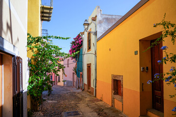 Fototapeta premium Narrow cobblestone street lined with colorful houses in the historic town of Bosa, Sardinia, Italy