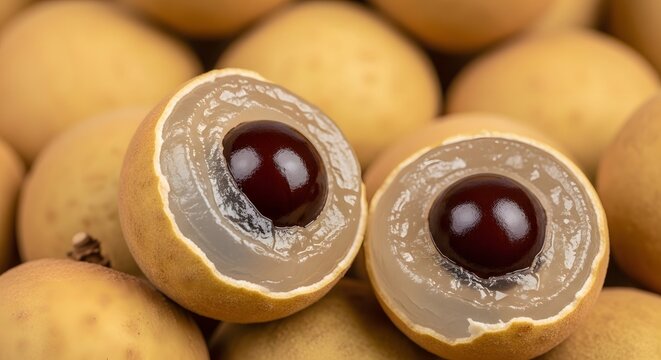 Fresh longan fruit sliced in half revealing dark seed against a backdrop of whole fruits during daylight