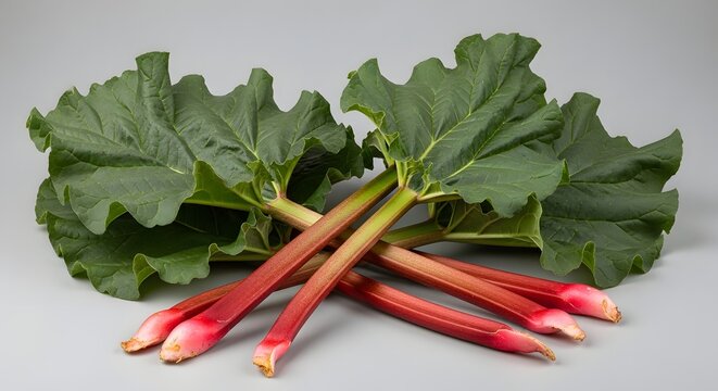 Fresh rhubarb stalks with vibrant green leaves against a clean studio background