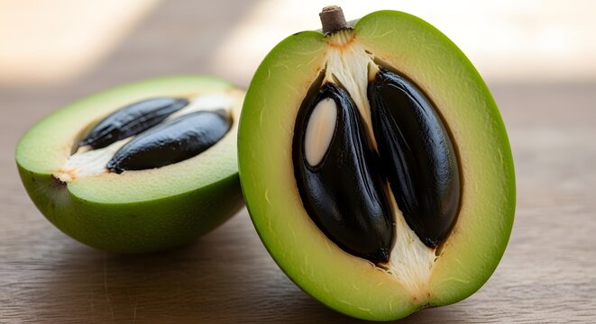 Fresh Sapodilla fruit halved with dark seeds in soft natural daylight on a wooden surface