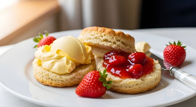 Freshly baked scones with clotted cream and strawberry jam on a white plate in soft window light