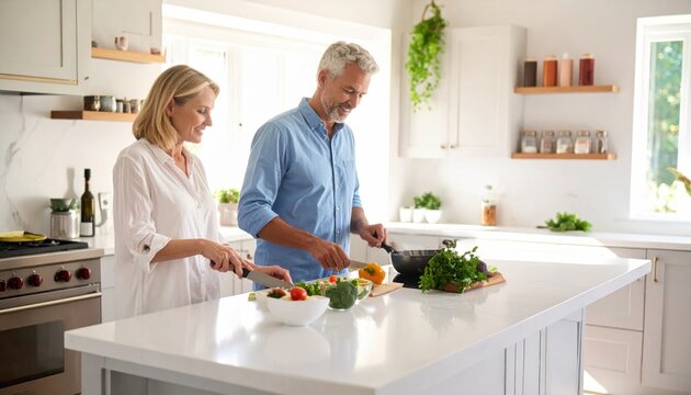 A Middle-Aged Couple Happily Preparing a Healthy Meal Together in Their Bright Modern Kitchen
