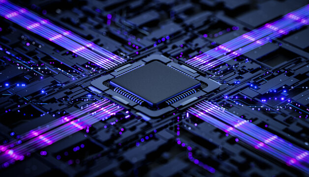 Central Processing Unit on Motherboard With Glowing Network Connections. Copy space for design