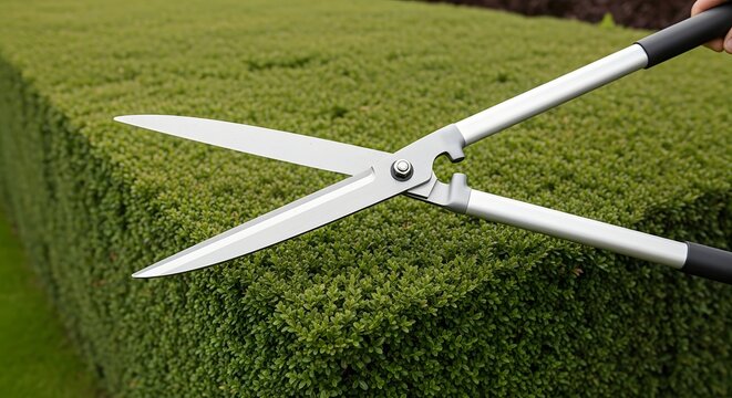 Gardening shears trimming a dense green hedge with clean cut edges during daylight for landscaping projects