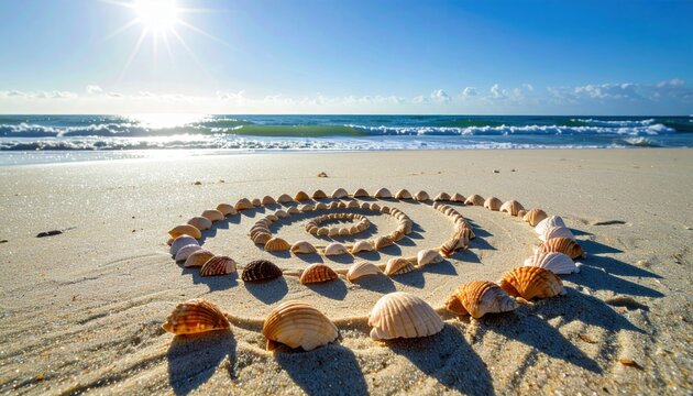 A Natural Spiral Arrangement of Diverse Seashells on a Sandy Beach with Gentle Ocean Waves Under a Sunny Sky