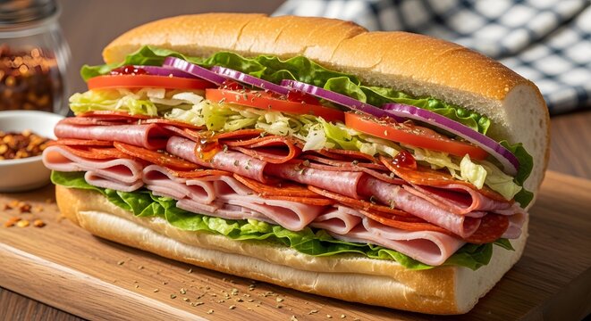 Generous Italian sub sandwich with layered meats and fresh vegetables on a cutting board with soft lighting