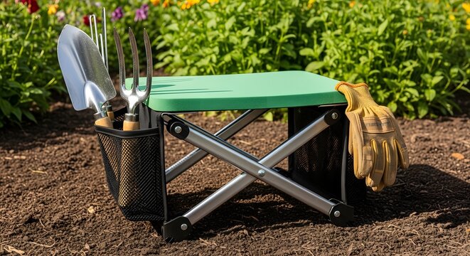 Gardening stool with tools and gloves on soil with blurred flowers for outdoor leisure concept