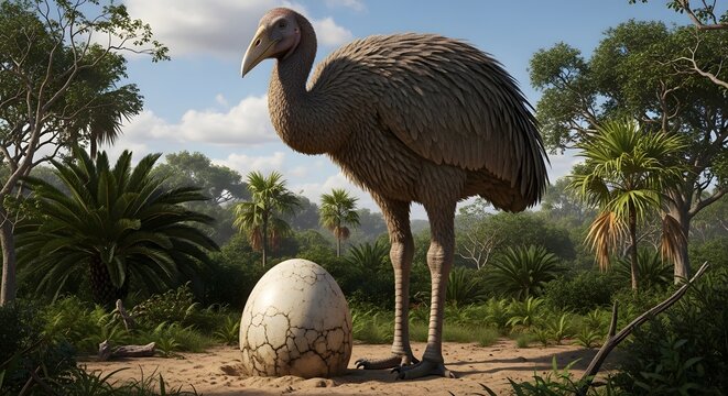Giant prehistoric bird standing near a large cracked egg in a lush jungle environment during daylight