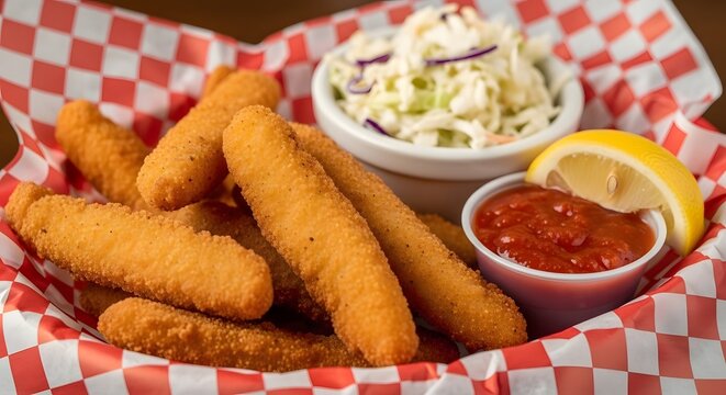 Golden fried fish sticks with zesty ketchup and creamy coleslaw in basket during daylight