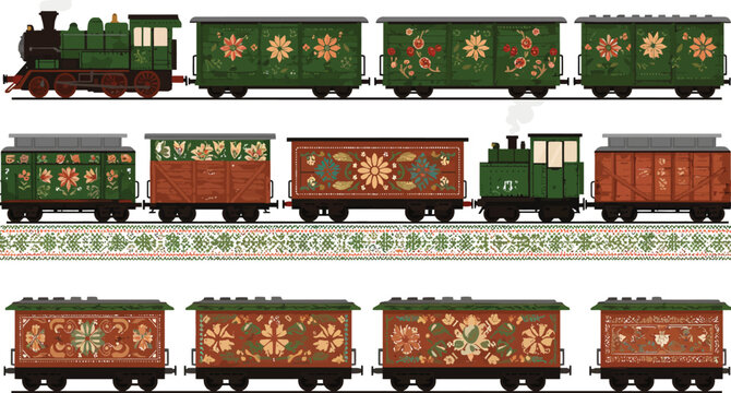 A collection of vintage steam locomotive trains and ornate passenger carriages isolated on a white background in a classic flat vector illustration style