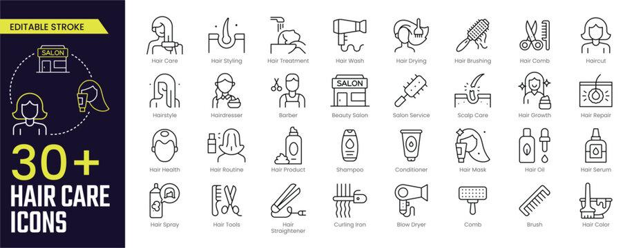 Hair Care Stroke icon collections. Containing hair care, hair styling, hair treatment, hair wash, hair drying, hair brushing, haircut, hairstyle, and hairdresser, icons. Editable Stroke icon