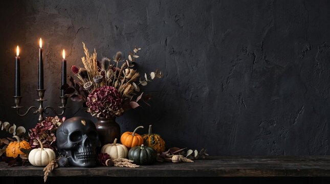 Halloween still life with skull pumpkins and black candles on dark background