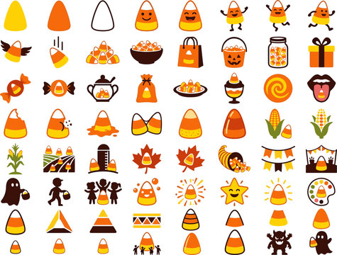 Candy corn Halloween treats and autumn festive sweets icon set. Containing cute candy corn characters, trick or treat bags, gift boxes, spooky ghosts and many more