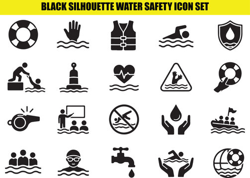 Black silhouette water safety icon set on transparent background.