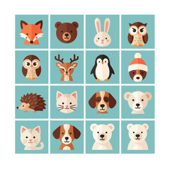 Fototapeta premium Cute Animal Faces Set: Fox, Bear, Rabbit, Owl, Deer, Penguin, Dog, Cat, Polar Bear