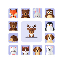 Naklejka premium Cute Animal Icon Set: Fox, Bear, Rabbit, Owl, Deer, Penguin, Dog, Cat