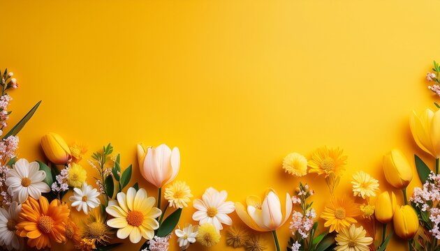 Sunny Floral Border Colorful Spring On Yellow Background Spring Background
