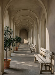 Fototapeta premium Archway corridor features a series of wooden benches placed along the stone wall.