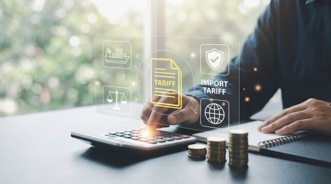 Businessman calculating import tariff tax and international trade custom duties using calculator and financial documents