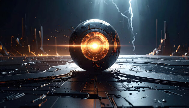 Advanced Robotic Eye with Glowing Core on Futuristic Metallic Platform Amidst Storm