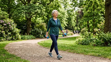 Fototapeta premium Elderly woman exercising with dumbbells while walking on a park path surrounded by lush green trees and foliage
