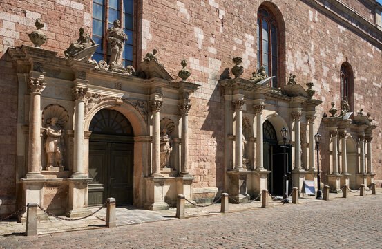 Old ancient Baroque stone portals of St Peter Church in Old  town of Riga, Latvia