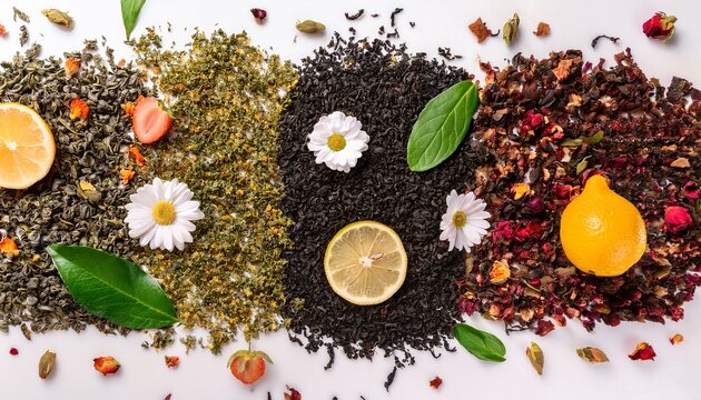 Loose Tea Leaves With Herbs Flowers And Fruit Panorama Black Green And White Teas And Infusions Overhead Flat Lay Panoramic Shot On White