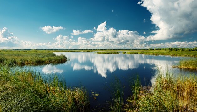 Scenic Summer Landscape Of Wetland With Clouds Reflecting In Calm Water