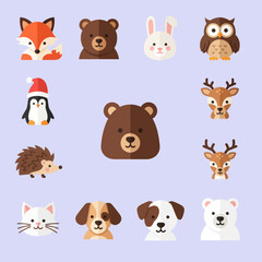 Fototapeta premium Cute Animal Icons: Fox, Bear, Rabbit, Owl, Penguin, Deer, Hedgehog, Cat, Dog, Polar Bear