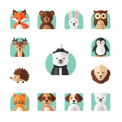 Obraz premium Cute Animal Icons Set: Fox, Bear, Rabbit, Owl, Deer, Penguin, Dog, Cat