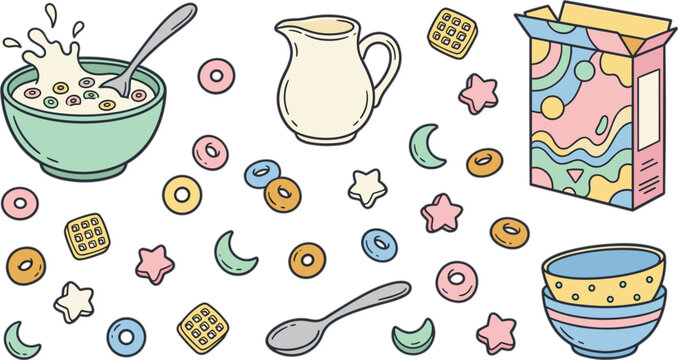 Cereal breakfast vector icon set featuring cute colorful corn loops loops milk bowl box pitcher star and moon shapes.