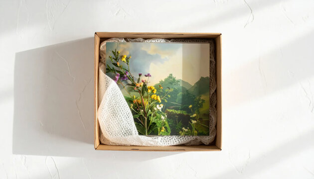 Beautiful Floral Landscape Painting Unboxed From Rustic Wooden Box