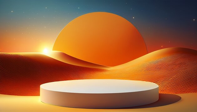 Avant Garde Abstract Landscape Background With White Square Podium And Sparkling Particle Ring For Creative Fashion Product Display Vibrant Colorful Dunes And Large Stylized Orange Sun