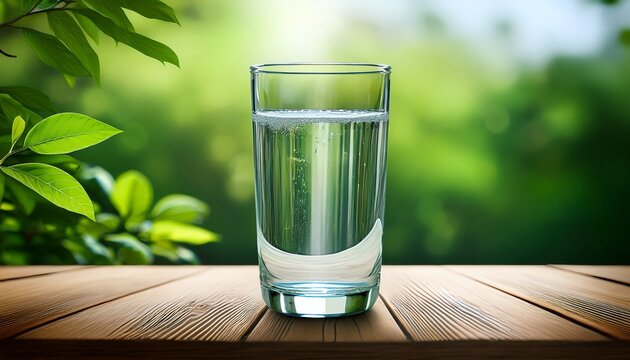 A Clear Glass Filled With Water Sits On A Wooden Surface With A Softly Blurred Background Featuring Green Foliage