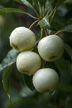 Vertical View of White Wax Apples Hanging in Natural Garden