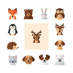 Obraz premium Cute Animal Icons Set: Fox, Bear, Rabbit, Owl, Penguin, Deer, Hedgehog, Dog, Cat
