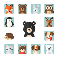 Obraz premium Cute Animal Icons Set: Fox, Bear, Rabbit, Owl, Penguin, Deer, Hedgehog, Dog, Cat, Polar Bear
