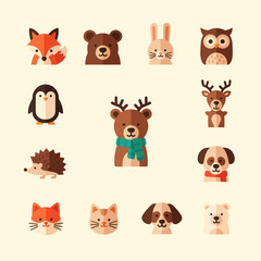 Fototapeta premium Cute Animal Icons Set: Fox, Bear, Rabbit, Owl, Penguin, Deer, Hedgehog, Dog, Cat