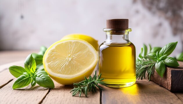 Bottle Of Essential Oil With Herbs Lemon Basil Flower Rosemary