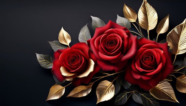 Elegant Red Roses With Golden Leaves On Dark Background