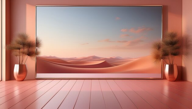Large Mirror Wall Reflecting Desert Sky And Pink Sand Dunes D Rendering