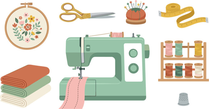 Sewing machine vector icon set featuring vintage equipment fabric rolls scissors thread rack embroidery hoop pincushion and thimble.