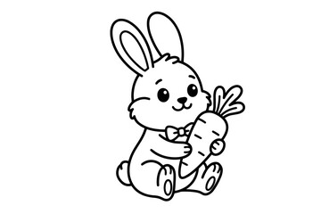Fototapeta premium Cute cartoon bunny rabbit wearing a bow tie holding a carrot in black and white outline style