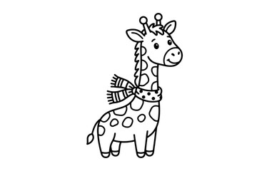 Naklejka premium Cute cartoon giraffe wearing a scarf and collar with polka dots, black and white line drawing