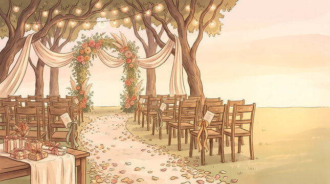 Garden Wedding Ceremony Aisle with Floral Arch and Copy Space