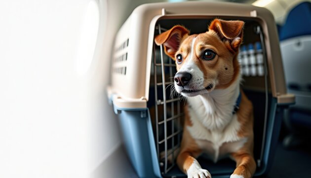 Dog traveling in pet carrier inside airplane cabin. Dog sits comfortably in travel crate while airplane operates in the background. Concept of pet travel for owners and airlines.