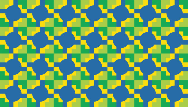 Geometric seamless pattern with abstract maze shapes and blue circles. Trendy mid-century modern vector background in green, yellow, and blue colors for textile and wallpaper.