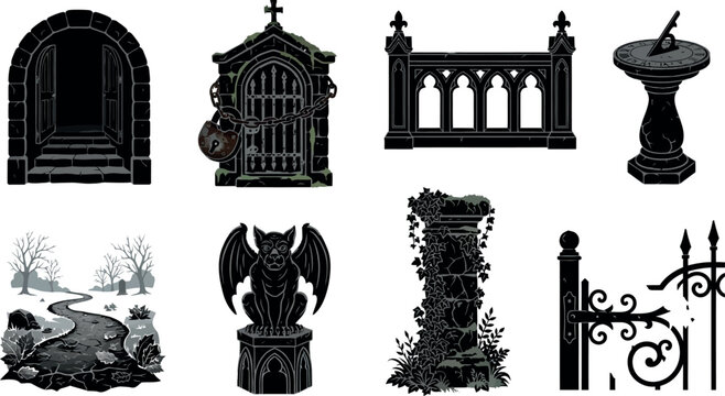 A compilation of spooky gothic cemetery architecture and eerie graveyard elements for haunting designs