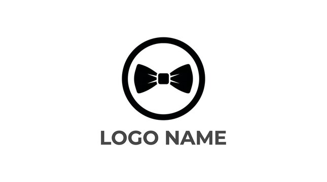 Minimalist bow tie logo template, black necktie icon in circular frame, elegant formal wear branding element for fashion and luxury services